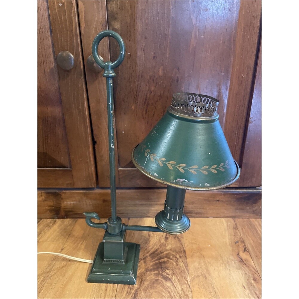 Vintage French Bouillotte Brass Table Lamp Light w/ Tole Shade Green Student